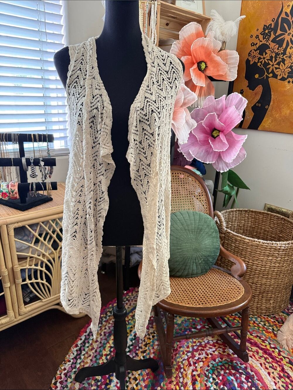 Vintage 90s/Y2K Heart N Crush Chevron Crochet Open Front Hooded Duster Cardigan